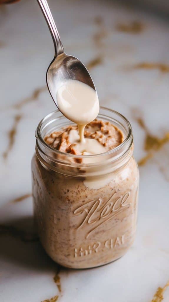 a spoon stirring thick, creamy chocolate peanut butter banana oats inside a mason jar, with a drizzle of creamy milk cascading in