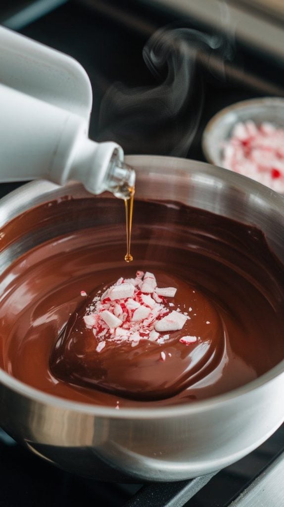 A super close-up shot of a drop of peppermint extract being poured into the melted chocolate