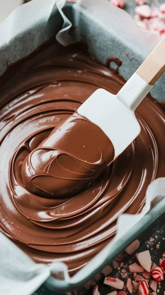 A super close-up shot of a spatula spreading smooth chocolate fudge into a parchment-lined baking dish