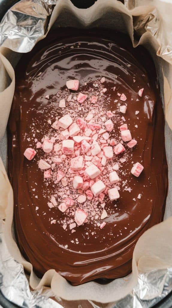 A super close-up shot of a baking dish covered with plastic wrap, resting in the fridge.