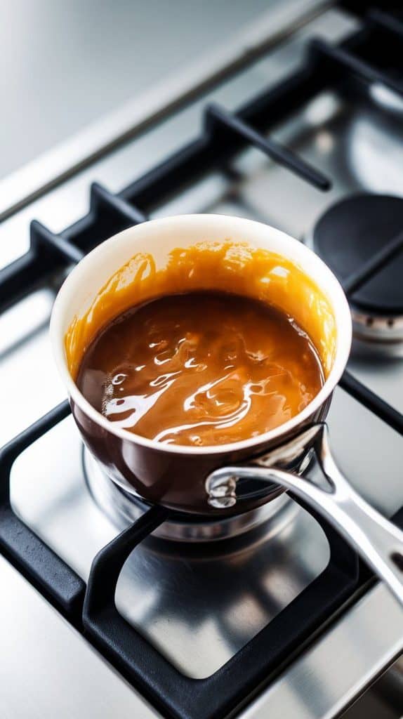 a small saucepan with bubbling golden caramel, its deep amber color glowing as it thickens.