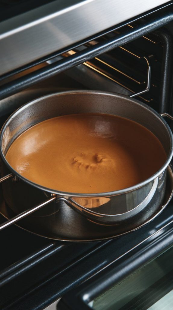 a round baking dish filled with coffee custard, placed inside a larger pan with hot water.