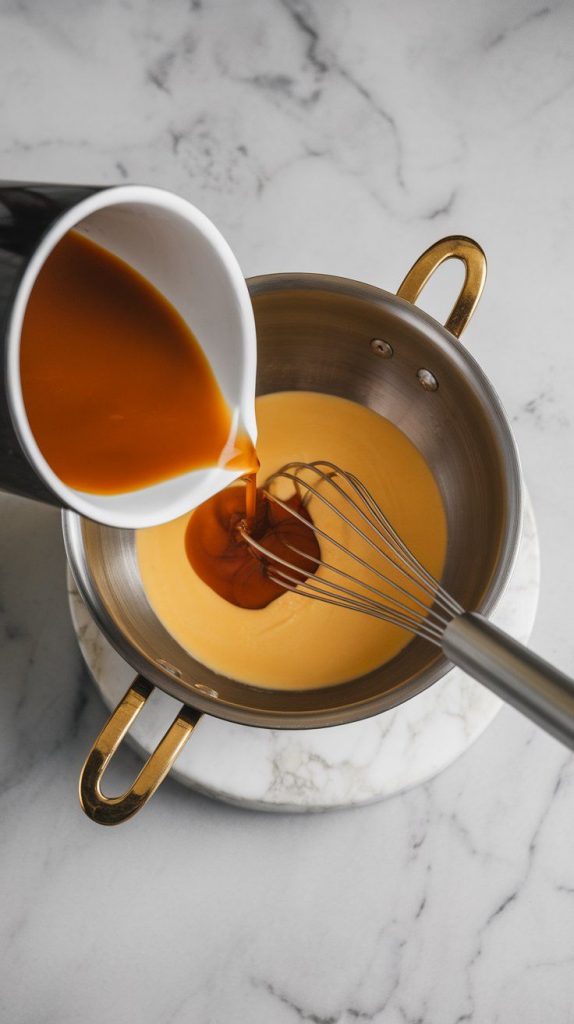 warm coffee-infused milk being slowly poured into the egg mixture, a whisk stirring as they combine into a silky custard.
