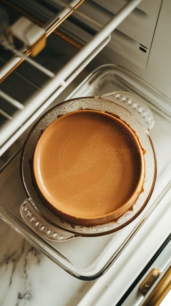 a chilled coffee flan inside the fridge, its surface perfectly smooth and glossy. Condensation forms slightly on the baking dish.