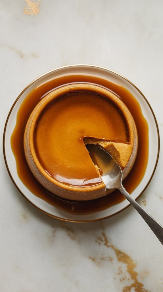 golden-brown Coffee Crème Caramel Flan being unmolded onto a plate, its caramel sauce cascading down the sides.