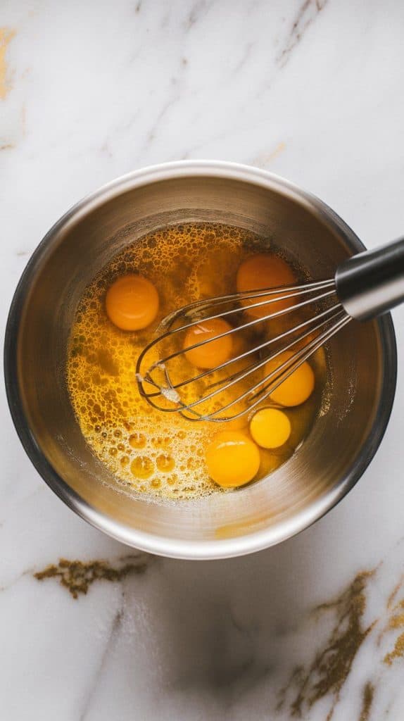 a mixing bowl with eggs, egg yolks, sugar, and vanilla extract being whisked into a smooth, golden mixture.