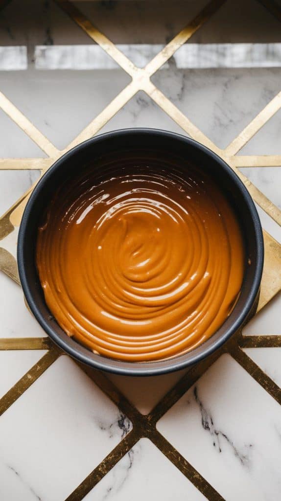 hot caramel being poured into a round baking dish, spreading evenly across the bottom