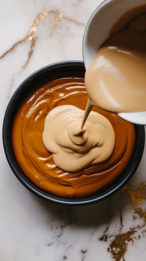 smooth coffee custard being carefully poured over the hardened caramel in a round baking dish.