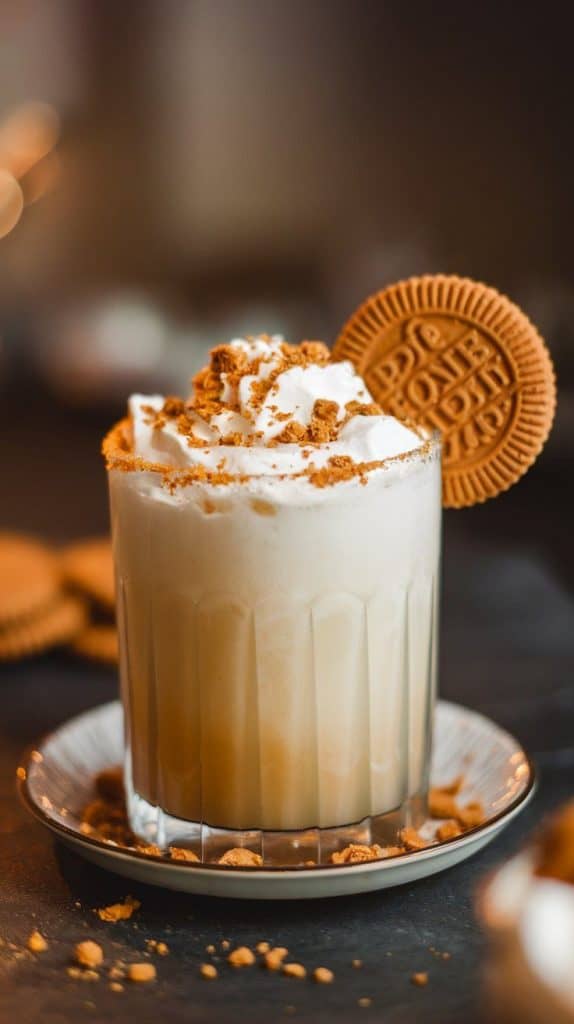 A super close-up shot of a Cookie Butter White Russian topped with whipped cream