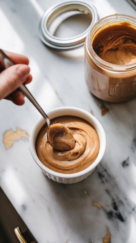 A super close-up shot of a small bowl with melted cookie butter being stirred with a spoon