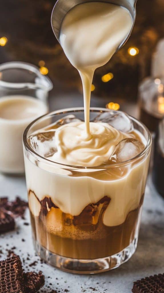 A super close-up shot of heavy cream being poured over a spoon into a glass filled with ice and a golden-brown liqueur mix