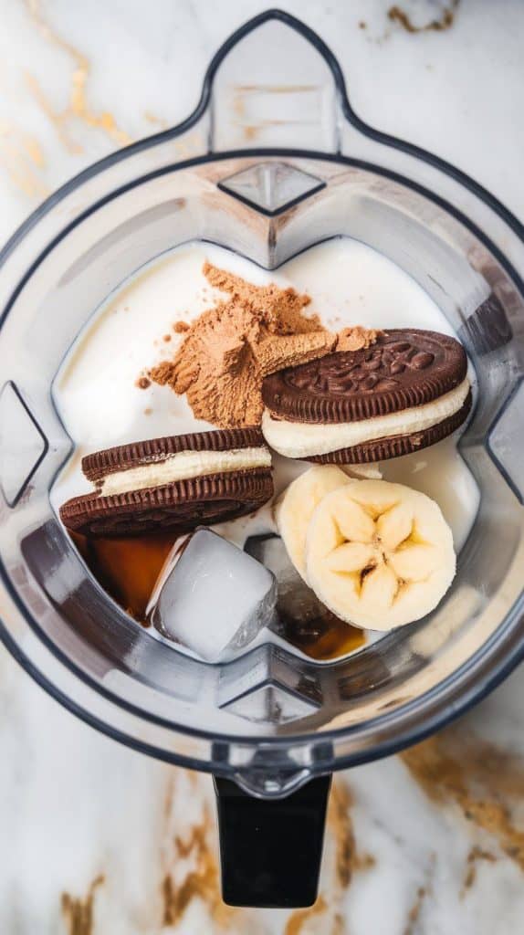 a blender filled with creamy milk, a scoop of vanilla protein powder, smooth Greek yogurt, two chocolate sandwich cookies, a sliced frozen banana,