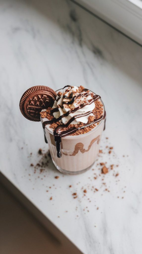 a Cookies and Cream Protein Shake topped with crushed cookie crumbs, a swirl of whipped cream, and a drizzle of chocolate syrup.