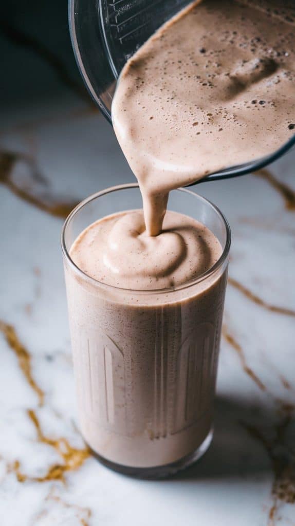 a thick, creamy Cookies and Cream Protein Shake being poured from a blender into a tall glass, filling it to the top.