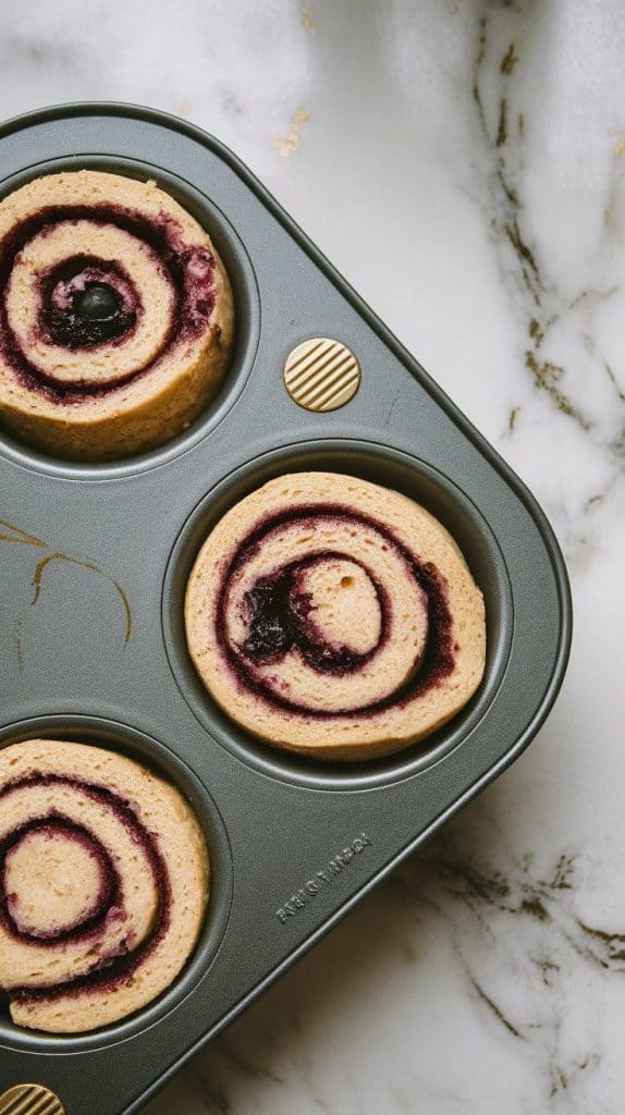 muffin tin with cinnamon blueberry roll slices placed inside, slightly puffed after rising