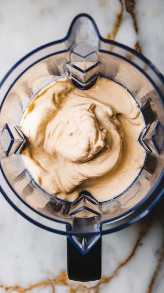 a blender filled with creamy cottage cheese, blending into a smooth, thick mixture.