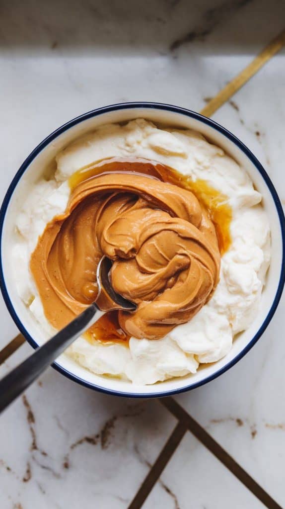thick, golden peanut butter and glossy honey being mixed into the creamy cottage cheese with a spoon