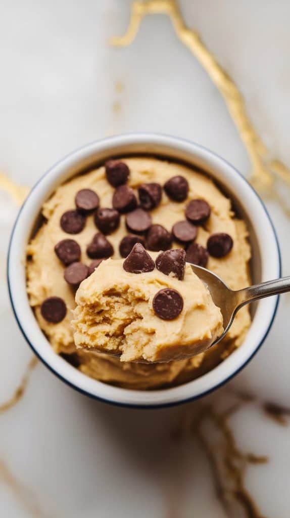 a small bowl filled with creamy Cottage Cheese Cookie Dough, topped with extra mini chocolate chips