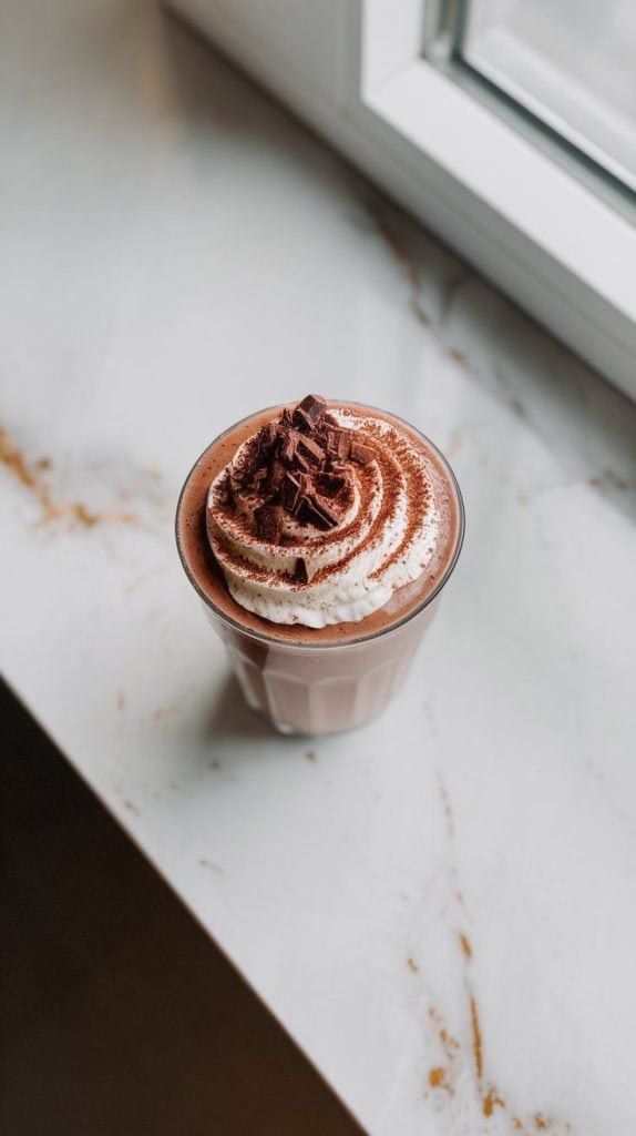Double Chocolate Protein Shake topped with a swirl of fluffy whipped cream, rich chocolate shavings, and a light dusting of cocoa powder