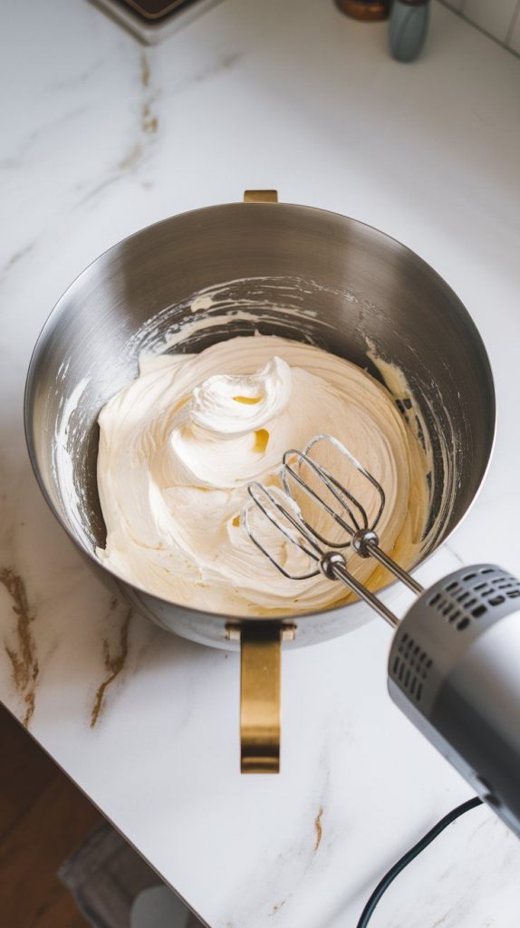 a large mixing bowl with whipped egg whites forming stiff peaks. A hand mixer is partially visible, resting on the side