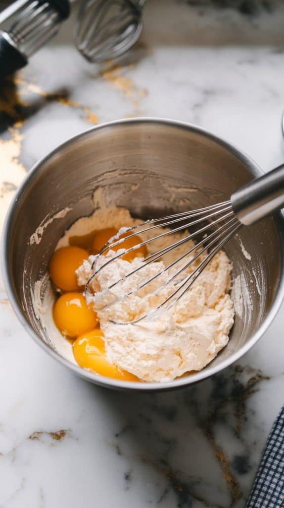 a medium mixing bowl with egg yolks, cottage cheese, baking powder, and salt being whisked together into a smooth mixture