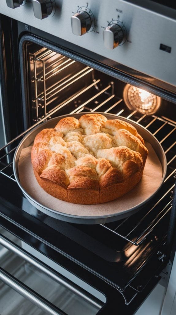 a baking sheet inside a modern stainless steel double oven. The fluffy cottage cheese cloud bread is rising and turning golden brown