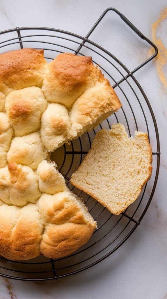 freshly baked fluffy cottage cheese cloud bread cooling on a wire rack. One piece is torn open, showing the light and airy texture inside