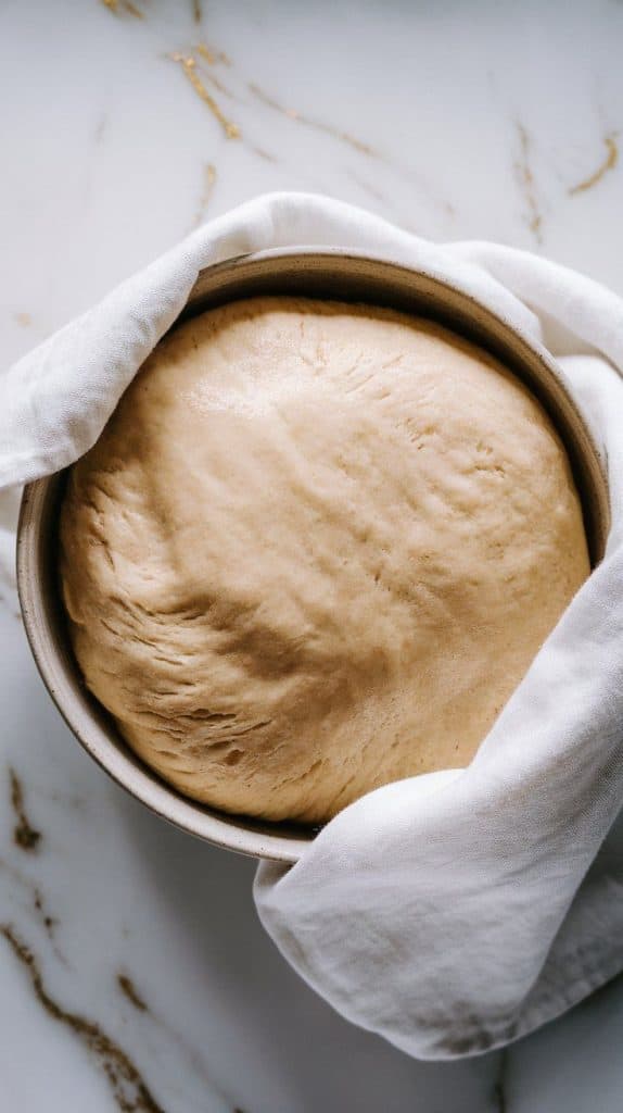  Ultra close-up of smooth dough resting in a bowl, slightly puffed, with a cloth partially covering the top. 