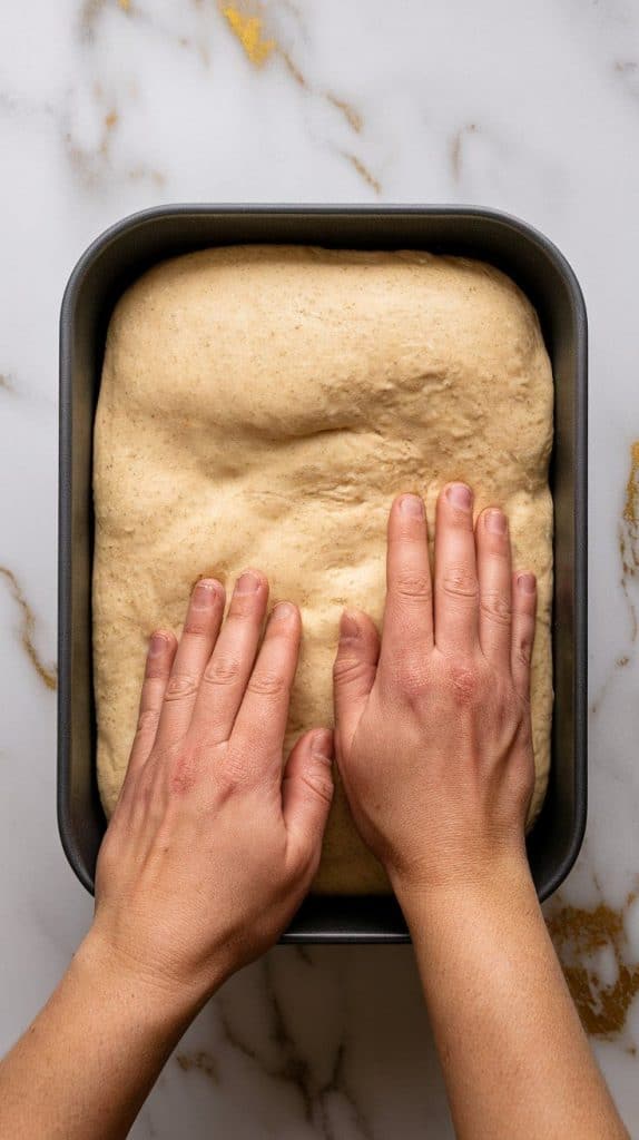 soft risen dough being gently pressed into a rectangular baking pan, covering the bottom evenly.