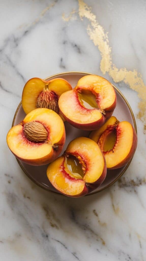 halved ripe peaches with pits removed, brushed with olive oil, sitting on a small plate with a soft sheen