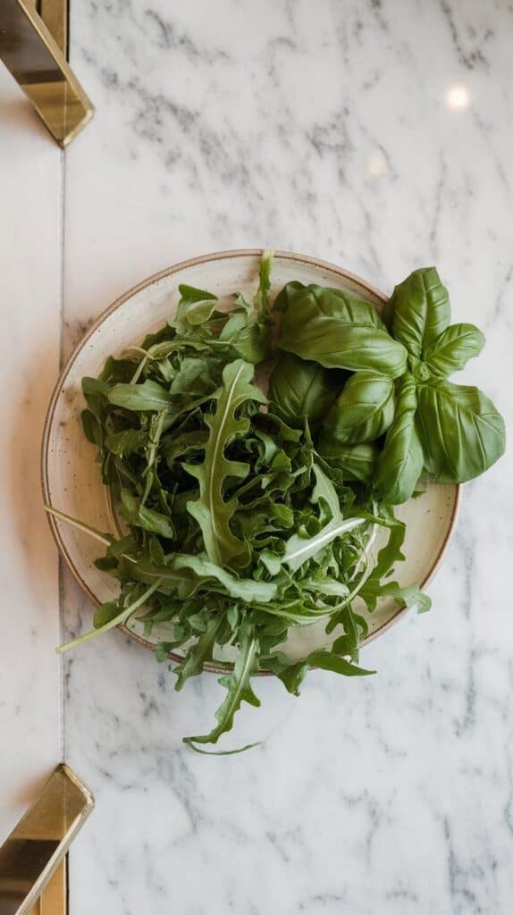 fresh arugula and whole basil leaves layered on a ceramic plate, leaves vibrant and slightly crinkled
