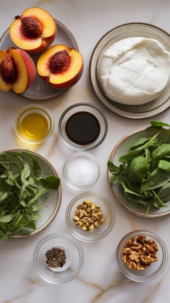 halved ripe peaches with pits removed on a small plate, creamy burrata on a shallow dish, fresh arugula and basil leaves each on small ceramic plates, olive oil in a shallow glass plate, balsamic glaze poured into a small plate, flaky sea salt and cracked black pepper in tiny clear jars, and optional toppings
