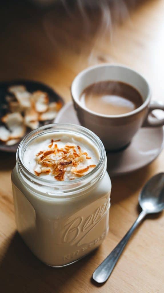 A sleek clear glass jar filled with creamy, liquid not thick Cardamom Rose Coffee Creamer