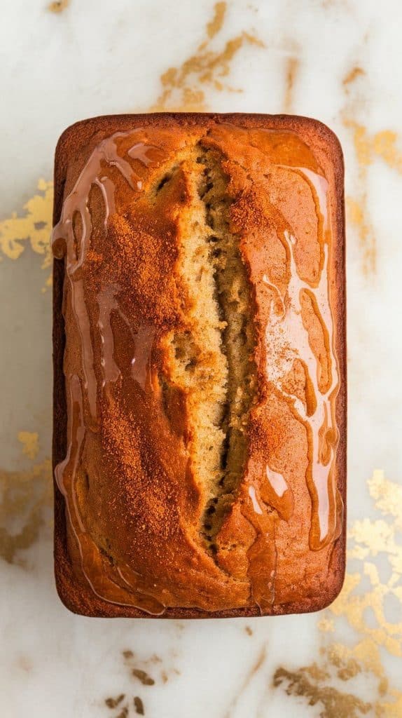 a freshly baked loaf of Honey Vanilla Banana Bread, with a golden crust and a drizzle of honey glistening on top