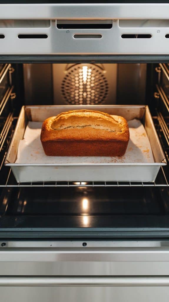 a golden-brown loaf of banana bread baking inside a modern stainless steel double oven, the top slightly cracked