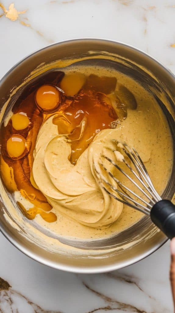 a mixing bowl with mashed bananas, golden honey, melted butter, eggs, and vanilla extract being whisked together until smooth