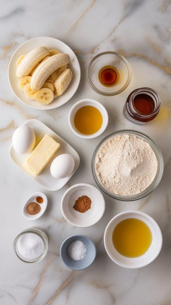 a small plate of mashed bananas, a small plate of honey, a small plate of melted butter, a small plate of eggs, a small plate of vanilla extract, a small plate of all-purpose flour, a small plate of baking soda, a small plate of salt, a small plate of cinnamon, and a small plate of extra honey for drizzling