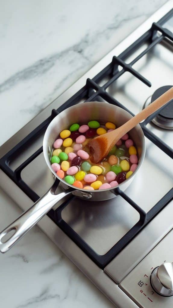 a small saucepan on a modern stainless steel gas stove, with colorful jelly beans melting into a thick, glossy syrup