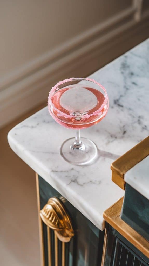 a cocktail glass rim being dipped into a small plate of lemon juice, followed by a swirl in pink sugar, creating a sparkling, candy-coated edge
