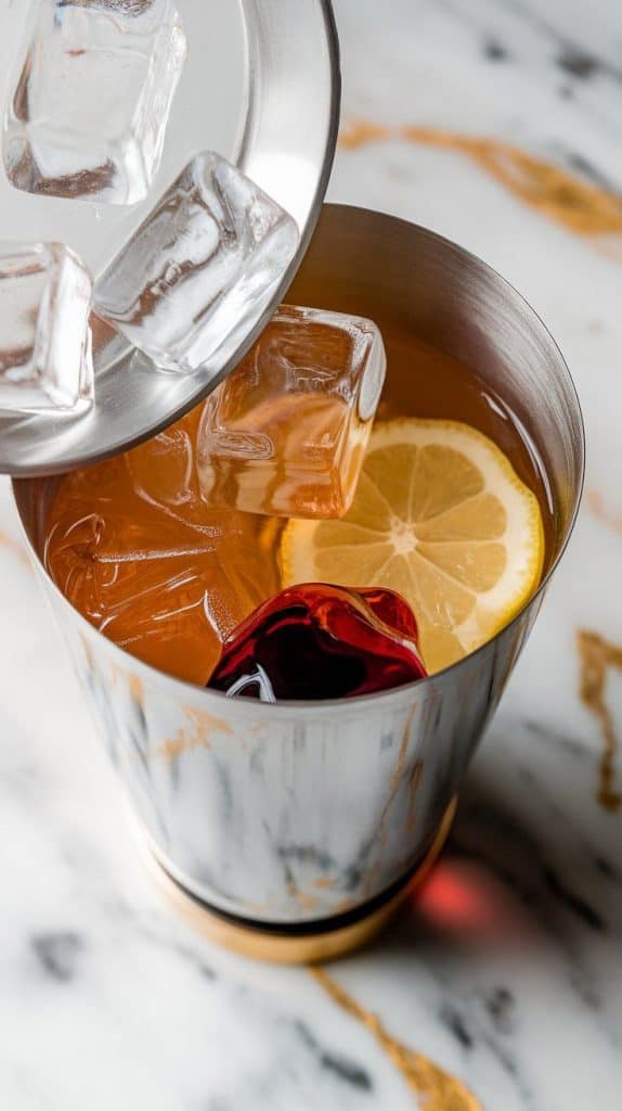 large, clear ice cubes being added into the cocktail shaker, the liquid swirling inside before shaking.