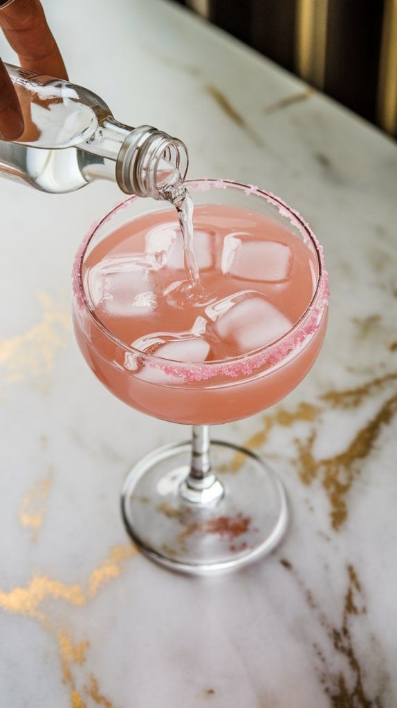 clear club soda being poured from a small bottle into the cocktail, tiny bubbles fizzing up as they mix with the pastel drink
