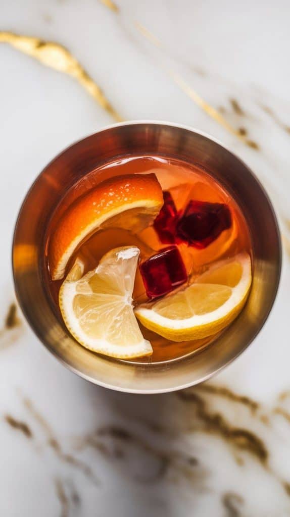 a cocktail shaker filled with clear vodka, bright orange liqueur, golden simple syrup, fresh lemon juice, and deep red grenadine