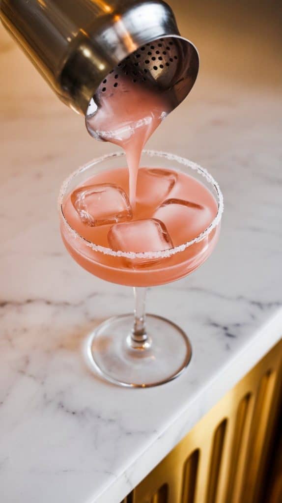a pastel pink cocktail being strained from a shaker into a sugar-rimmed cocktail glass, the smooth liquid cascading over fresh ice cubes