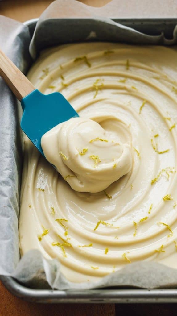 A super close-up, top-down shot of a spatula spreading thick key lime fudge into a parchment-lined baking dish