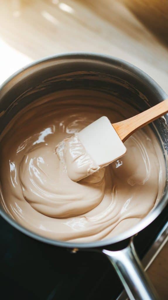 A super close-up, top-down shot of a spatula stirring melted white chocolate, sweetened condensed milk, and butter in a saucepan