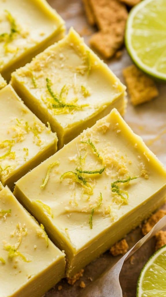 A super close-up, top-down shot of Key Lime Fudge squares stacked on parchment paper, the edges clean and smooth,
