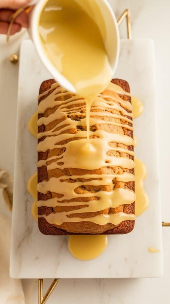 a golden-brown loaf of Lemon Poppy Seed Banana Bread being drizzled with fresh lemon glaze
