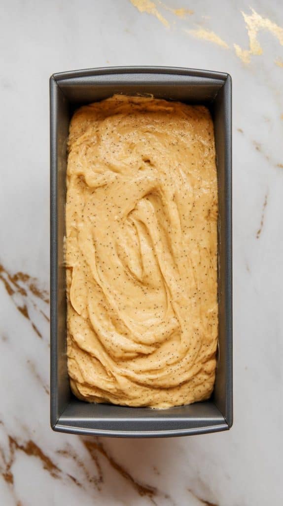 a loaf pan filled with thick Lemon Poppy Seed Banana Bread batter, with tiny black poppy seeds evenly spread throughout