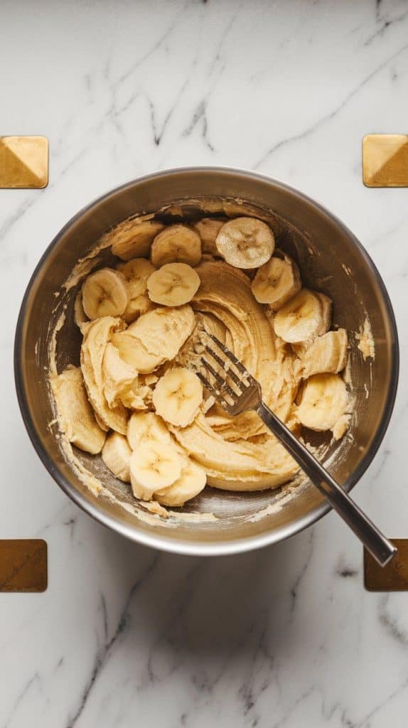 a mixing bowl filled with mashed bananas, their soft texture slightly chunky