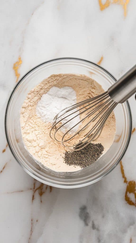 a mixing bowl with all-purpose flour, baking soda, salt, and tiny black poppy seeds being whisked together
